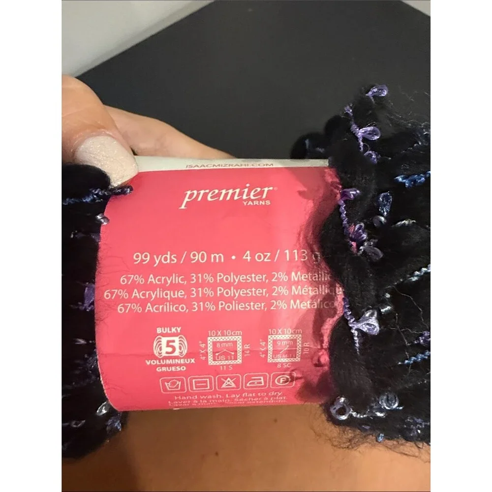 Isaac Mizrahi Craft Black Eyelash Yarn Blue Purple Sparkle 99 Yards Premier Yarn